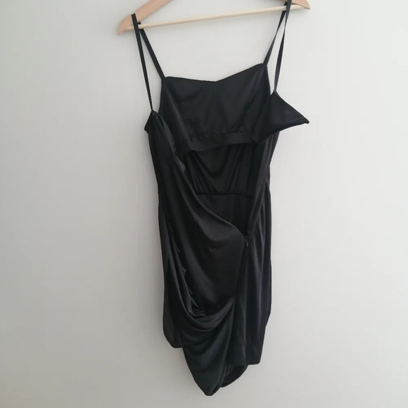 All Saints Kaya Drape Front Asymmetric Satin Black Mini Dress Spaghetti Straps 0 - Picture 9 of 16
